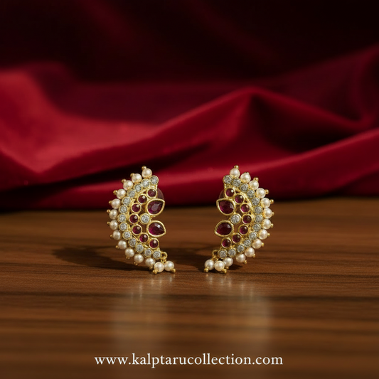 Maharashtrian ruby pearl crescent earrings for women wedding wear by Kalptaru Collection