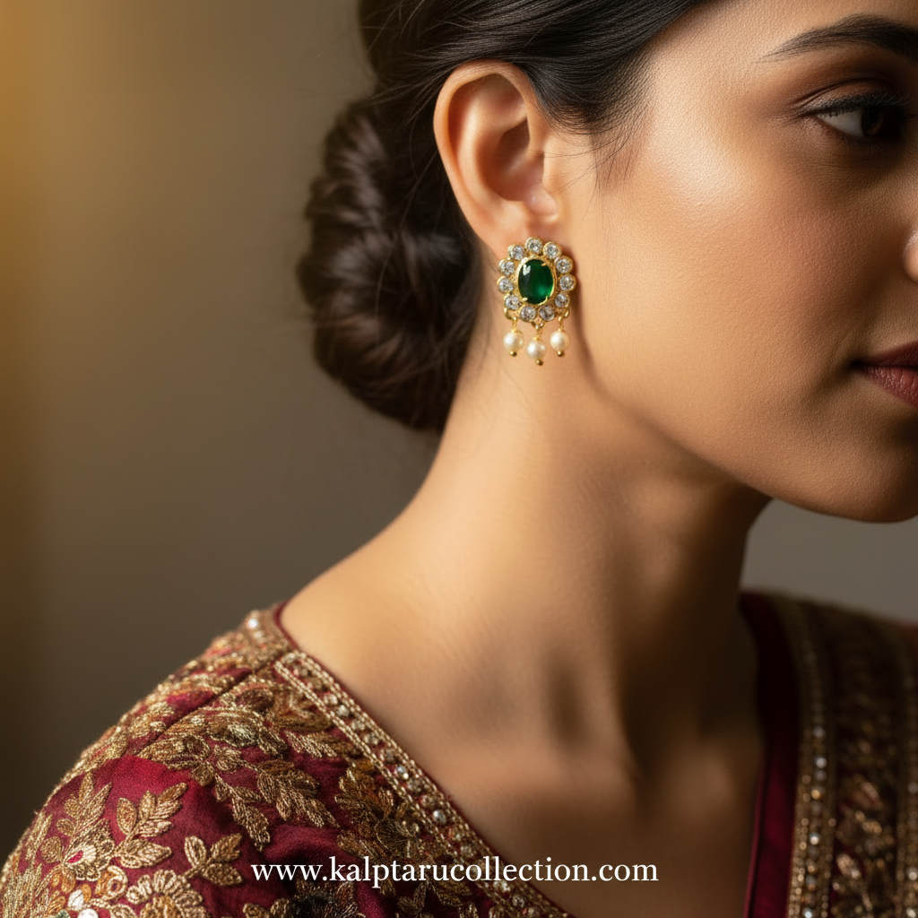 Festive ethnic green stone pearl studs for women by Kalptaru Collection