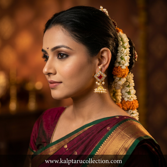 Shop traditional Maharashtrian moti jhumka styled with festive silk saree and gajra hairstyle - Kalptaru Collection