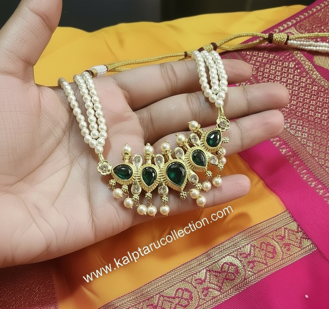 Premium micro gold plated long pearl necklace tanmani mala with earrings for wedding saree look women by Kalptaru Collection