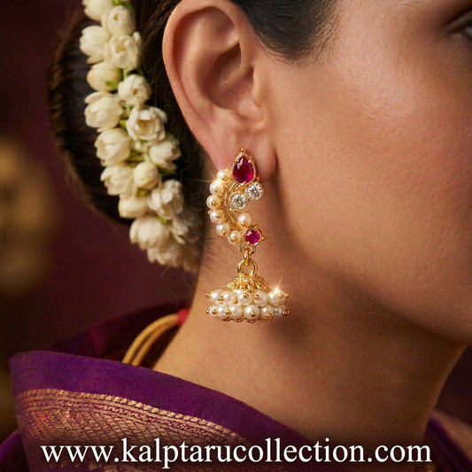 Shop traditional Maharashtrian moti jhumka earrings paired with silk saree and bridal gajra hairstyle - Kalptaru Collection.