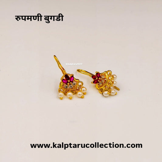 Handcrafted gold plated Bugadi earrings with magenta stones and pearls