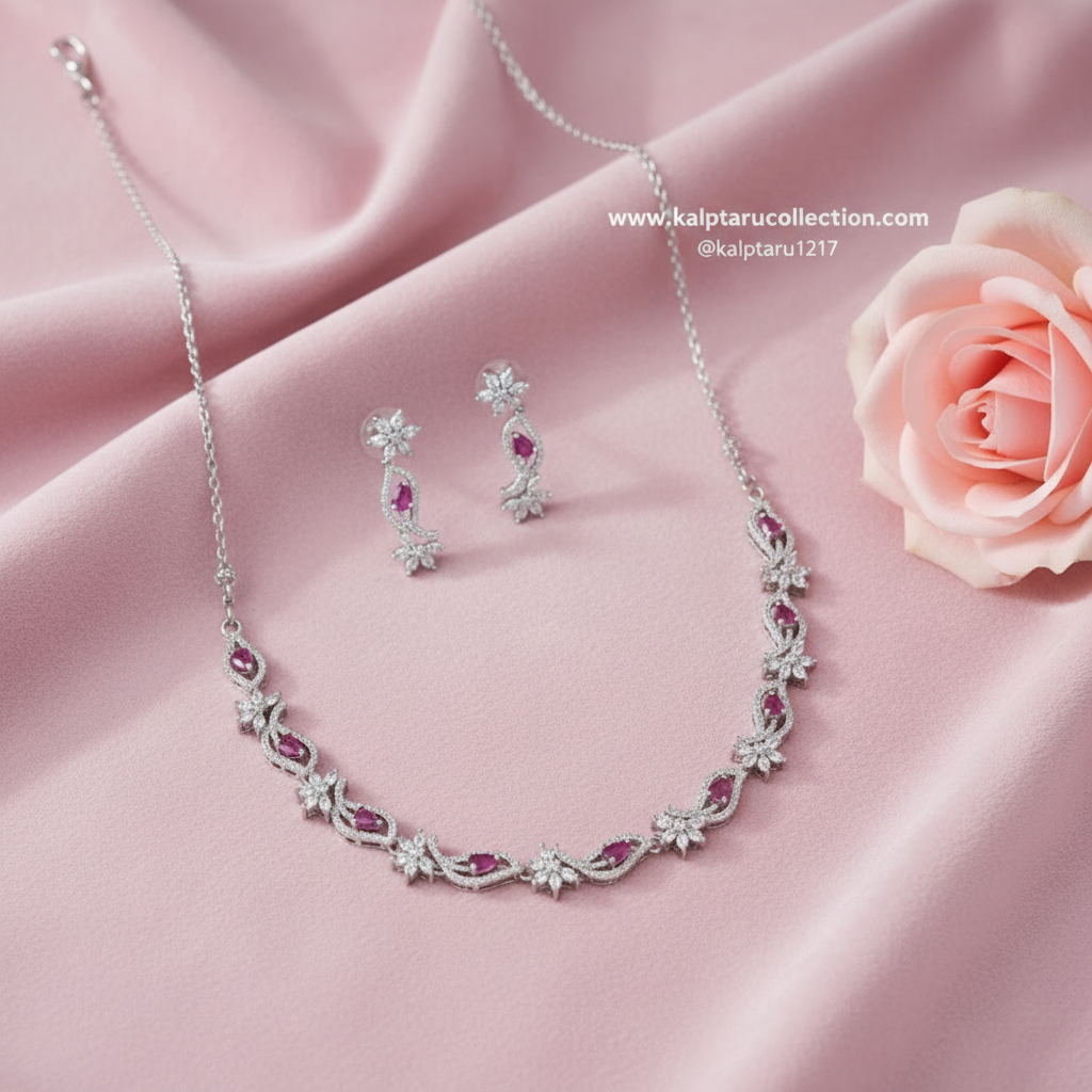 Kalptaru Collection pink stone diamond necklace set for women.