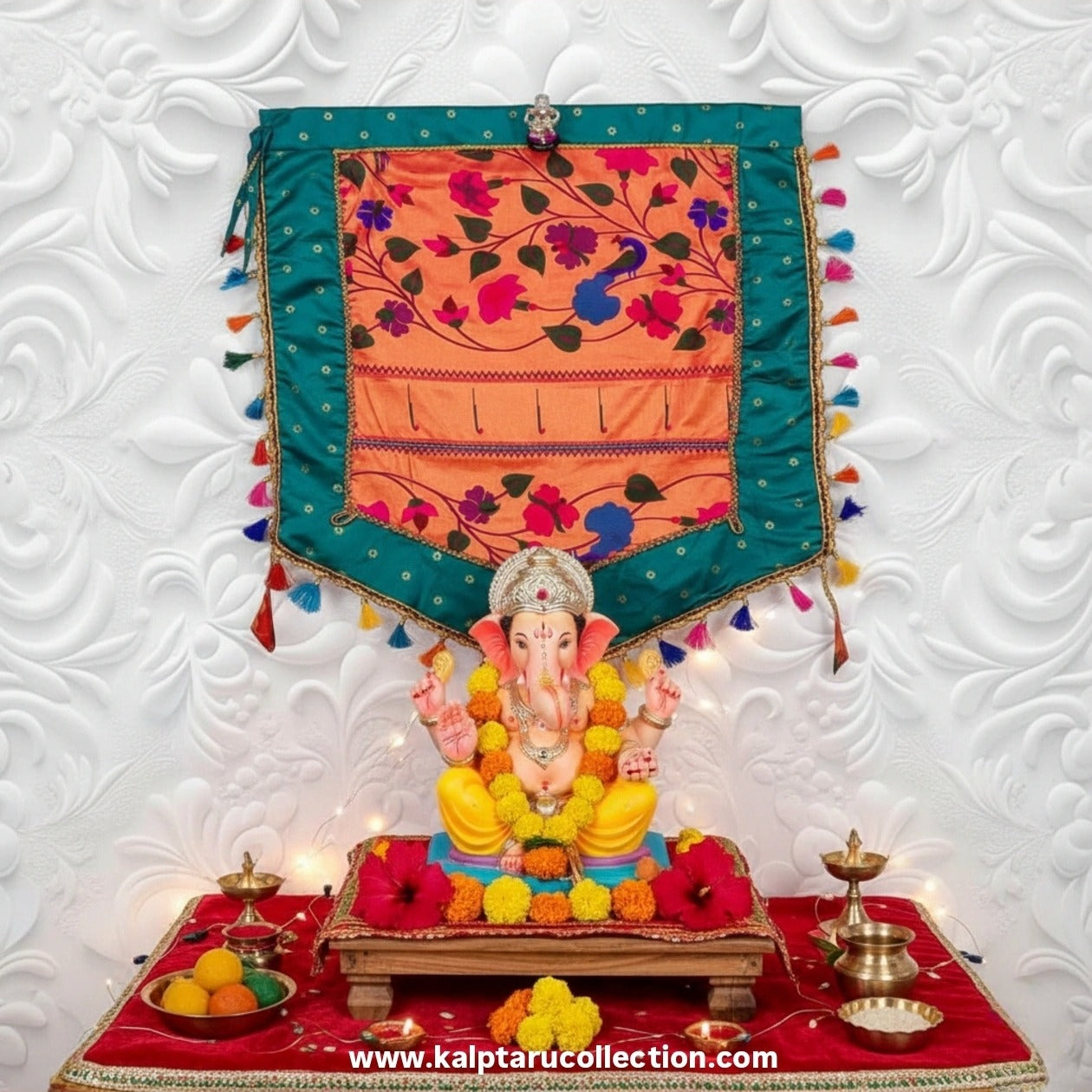 Brocade silk Ganpati pooja room backdrop – Kalptaru Collection