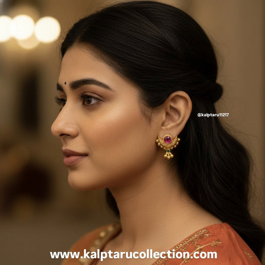 Traditional Chandorkar stud earrings with pink stone design by Kalptaru Collection