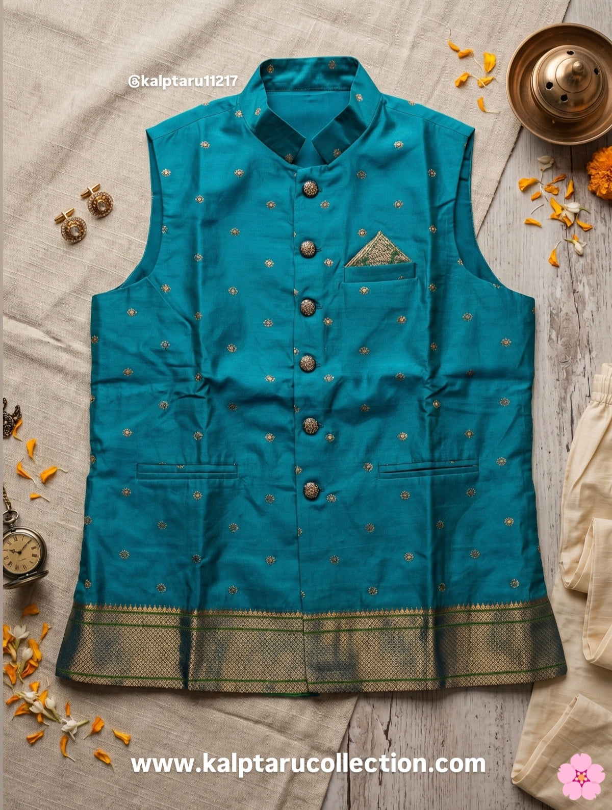 Buy matching Paithani saree and men's jacket online for weddings and family functions.