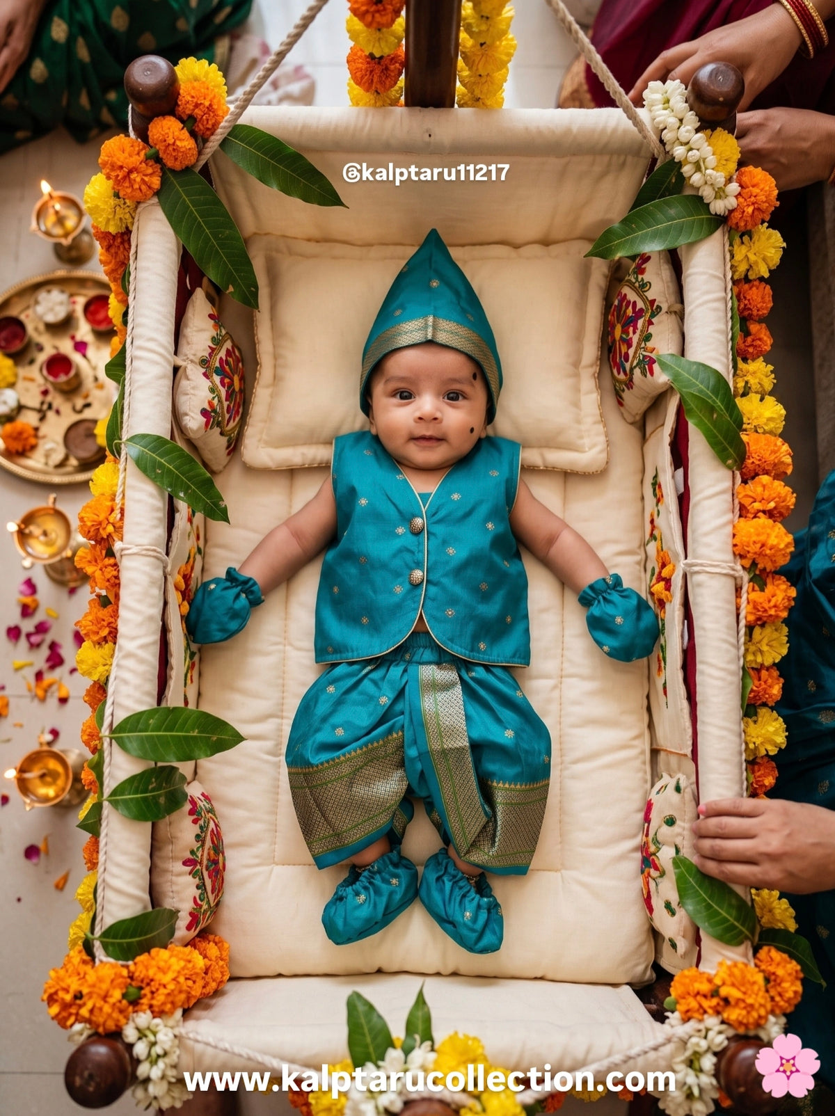 Buy Paithani naming ceremony dress for family online with matching traditional outfits for parents and baby.