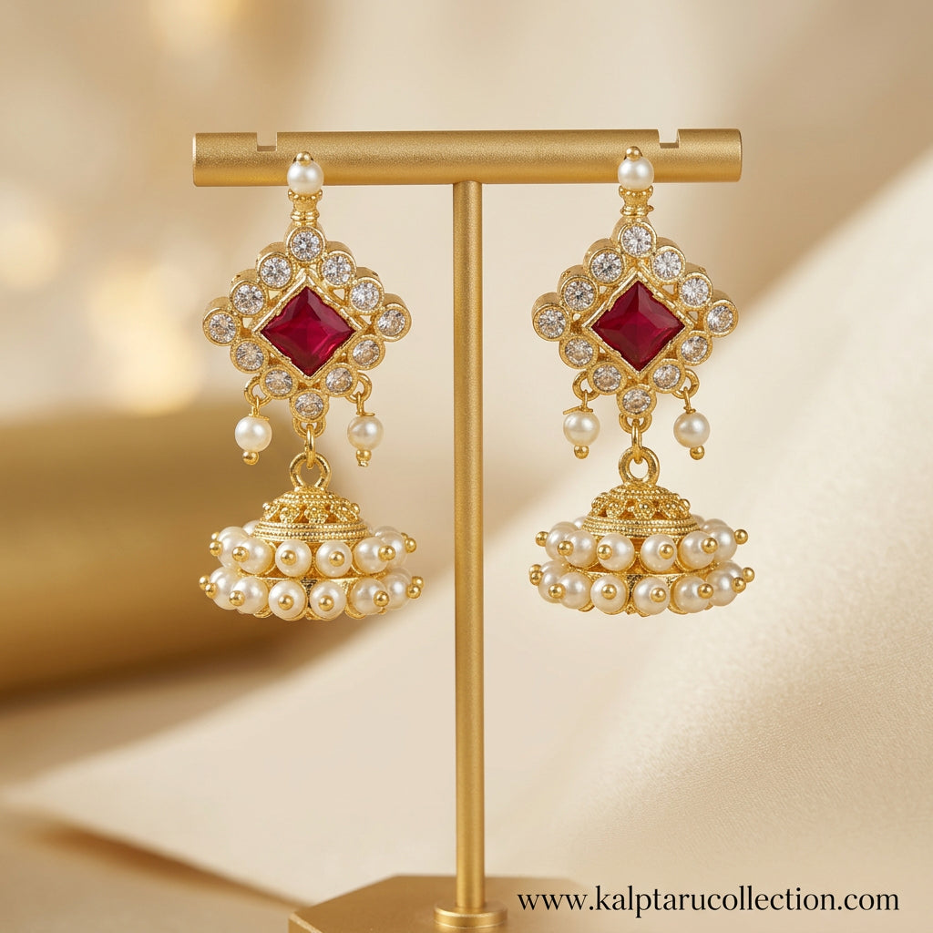 Shop traditional Maharashtrian pearl jhumka earrings collection online with micro gold plated moti designs - Kalptaru Collection