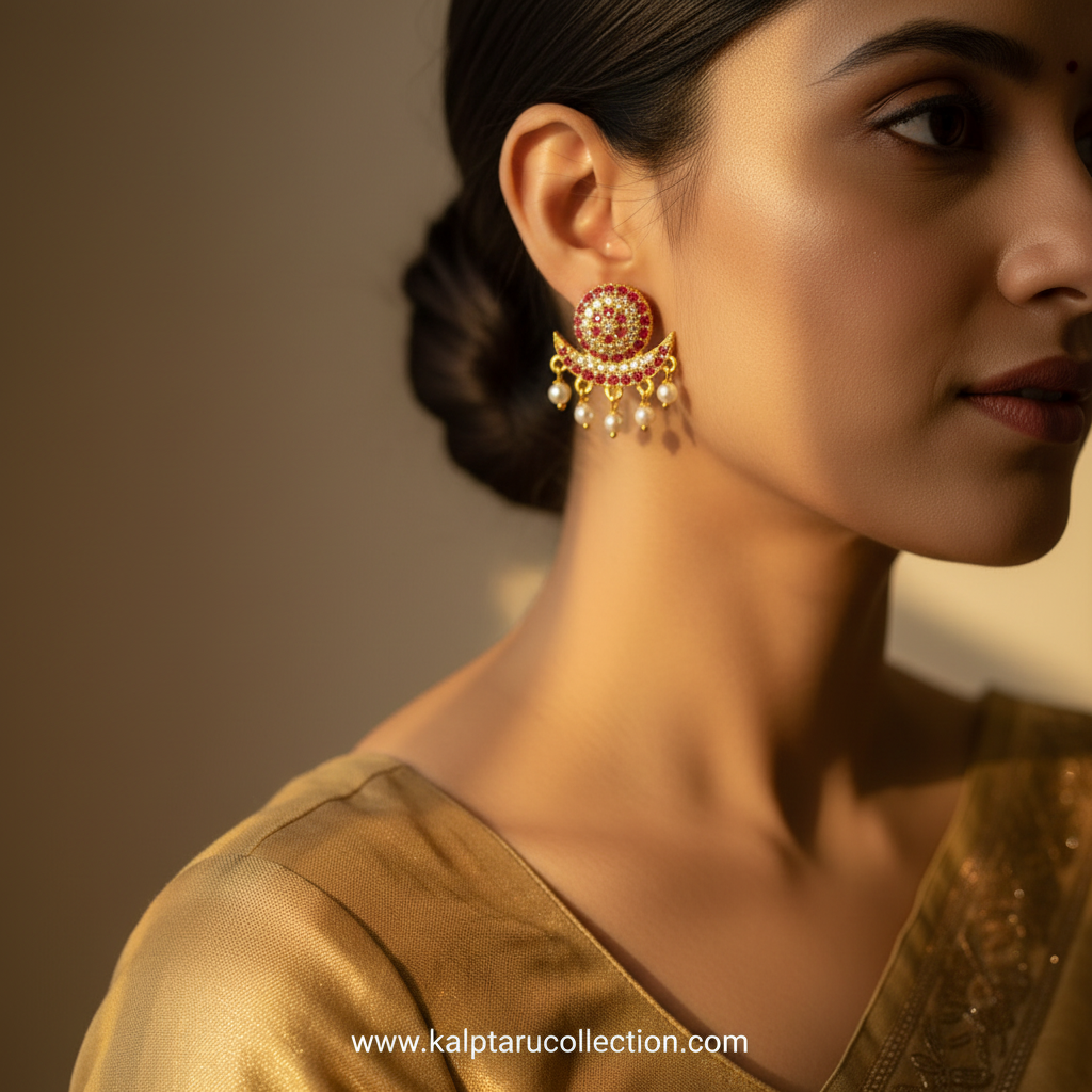 Festive ethnic ruby pearl round studs for saree and lehenga for women by Kalptaru Collection