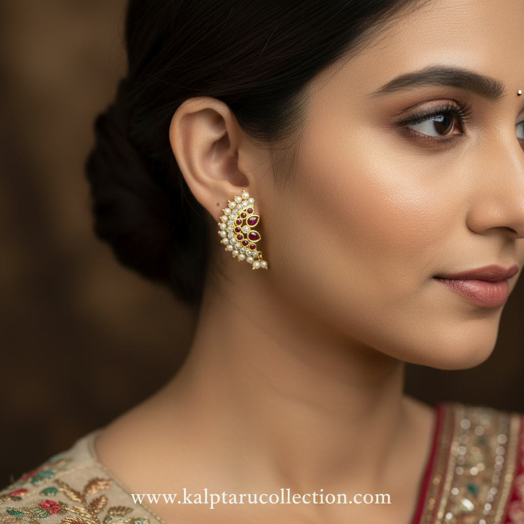 Micro Gold plated ruby stone pearl stud earrings for women by Kalptaru Collection
