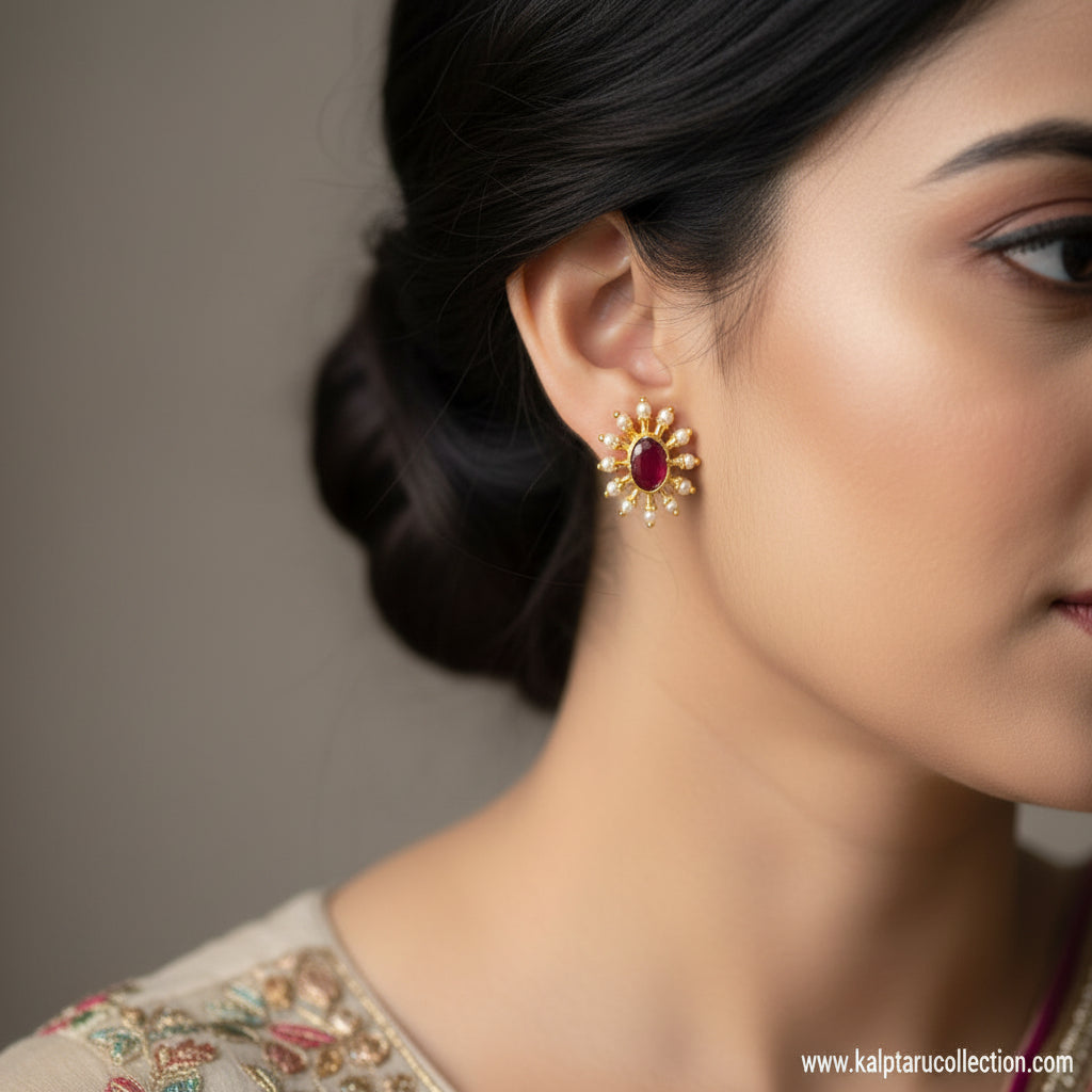 Festive ethnic ruby pearl sunburst studs for women saree look by Kalptaru Collection