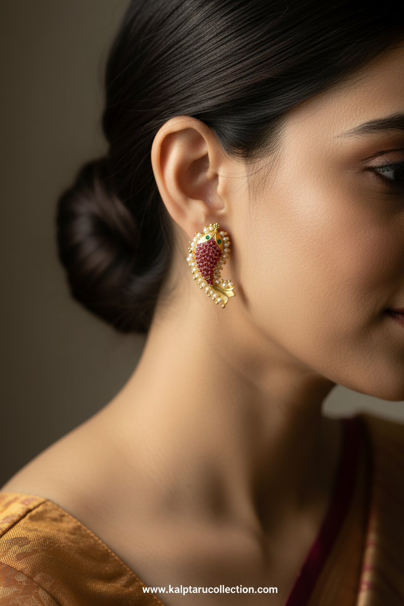 Traditional Maharashtrian fish earrings with ruby stones and pearls for women by Kalptaru Collection