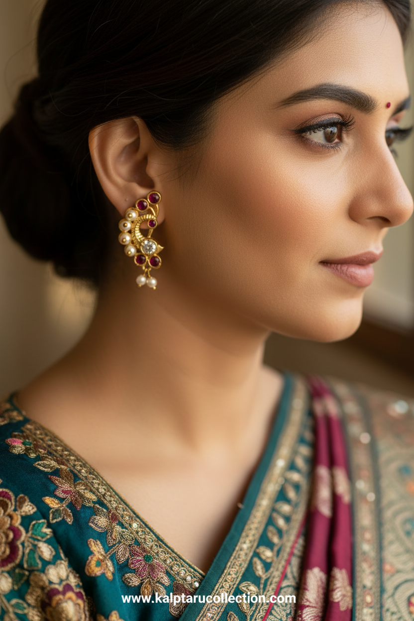 Festive ethnic ruby pearl stud earrings for saree look for women by Kalptaru Collection