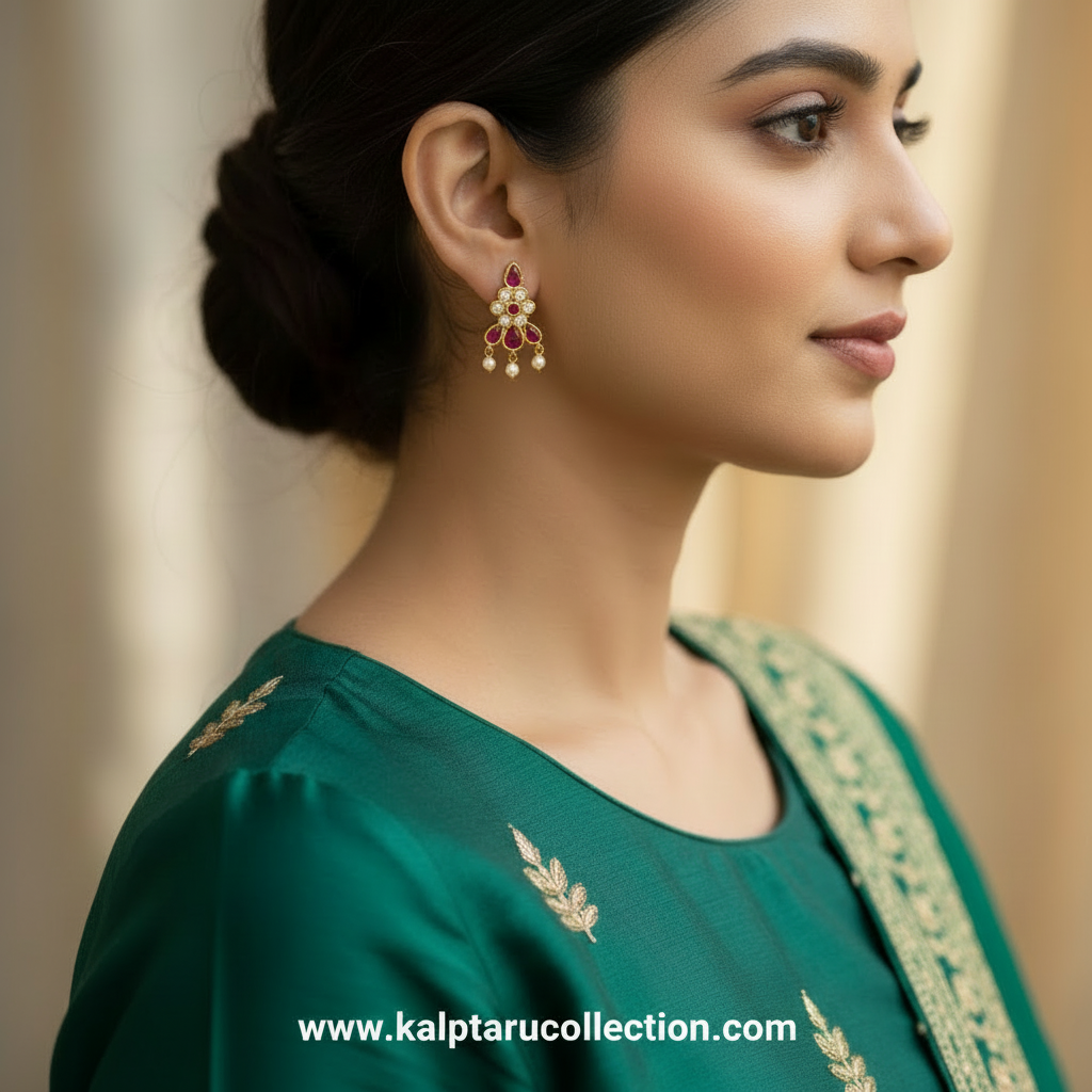  Festive wear ruby stone stud earrings with pearl drops for women by Kalptaru Collection