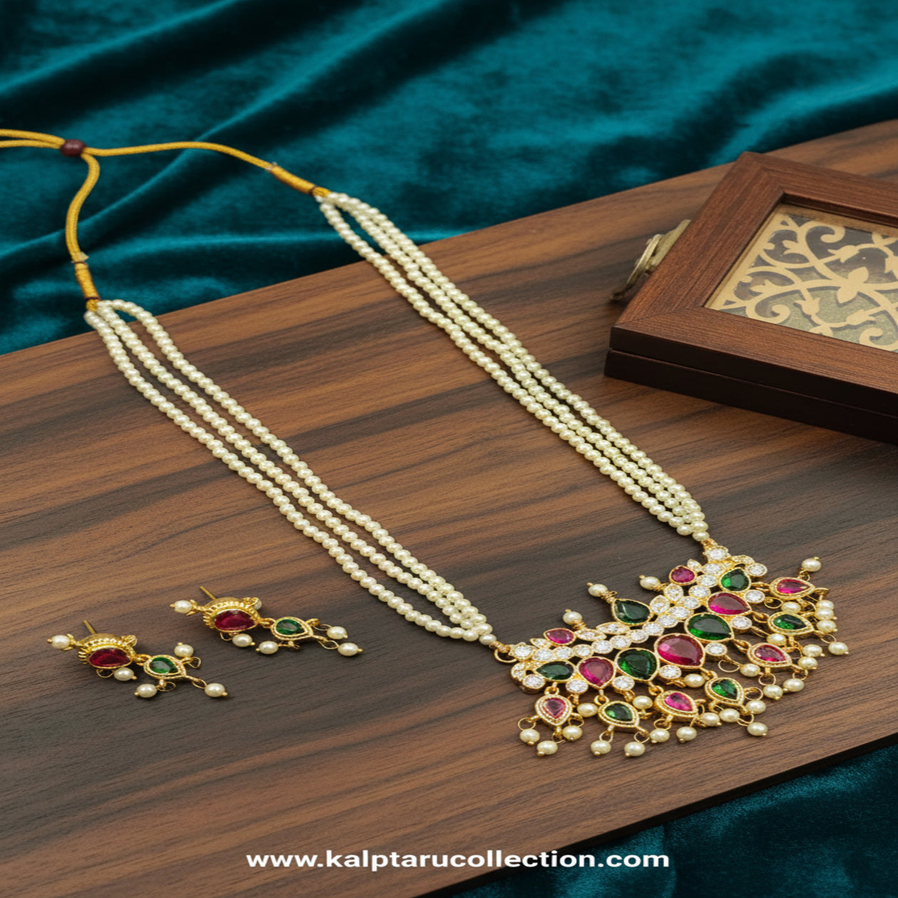 Green pink stone pearl tanmani necklace set for women wedding jewelry online by Kalptaru Collection