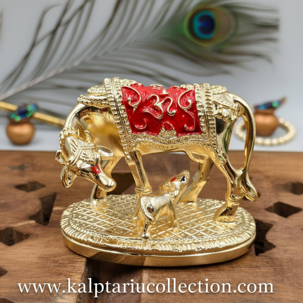 Kamdhenu Cow with Calf Idol - Micro gold-plated Kamdhenu  - for Vastu & Home Decor,3.5 inch by Kalptaru Collection