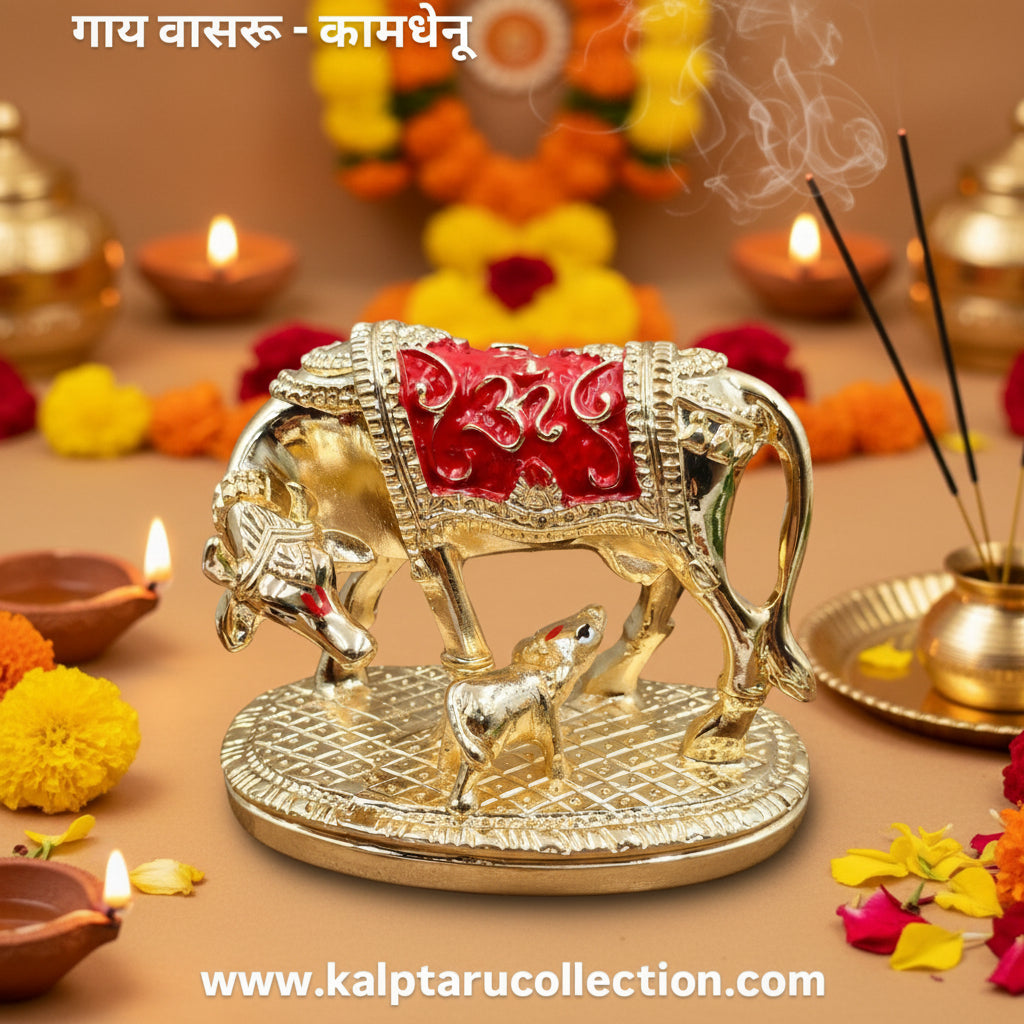 Kamdhenu cow with calf idol 3.5 inch for vastu home décor, golden Kamdhenu murti for pooja, prosperity and wealth, Kalptaru Collection