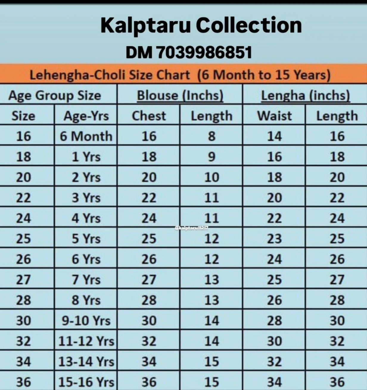 Girls ethnic wear size chart including blouse and lehenga measurements | Kalptaru Collection