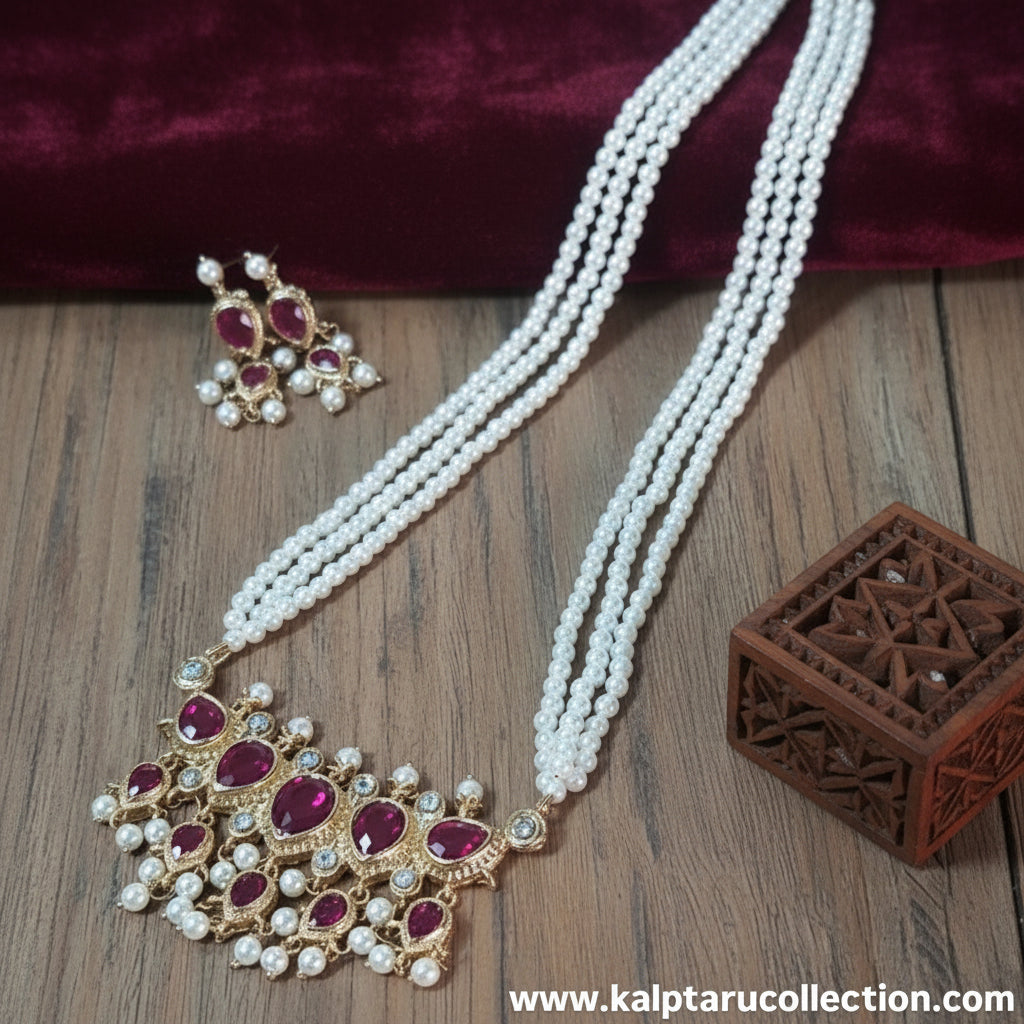 Maharashtrian bridal pearl jewelry set tanmani necklace set with ruby pendant  for women by Kalptaru Collection