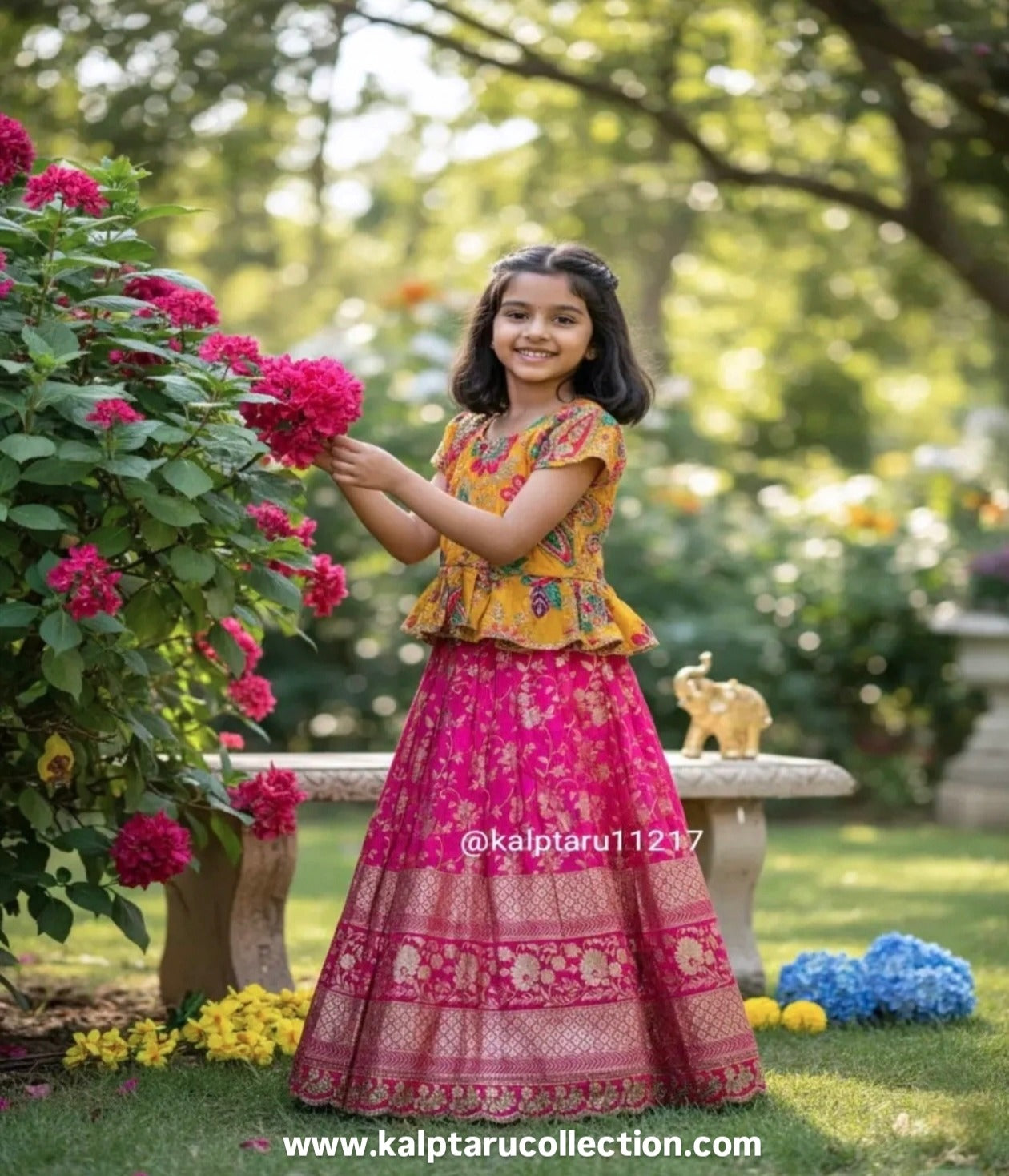 Girl wearing vibrant printed lehenga choli for weddings and functions | Kalptaru Collection.