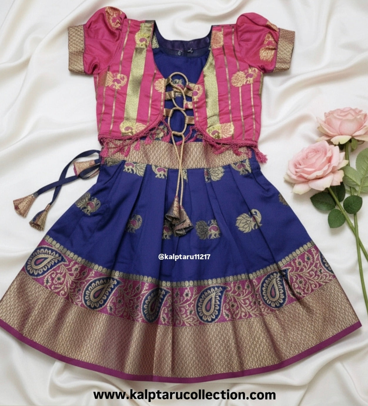 Kids elegant navy silk lehenga with pink jacket blouse for celebrations | Kalptaru Collection