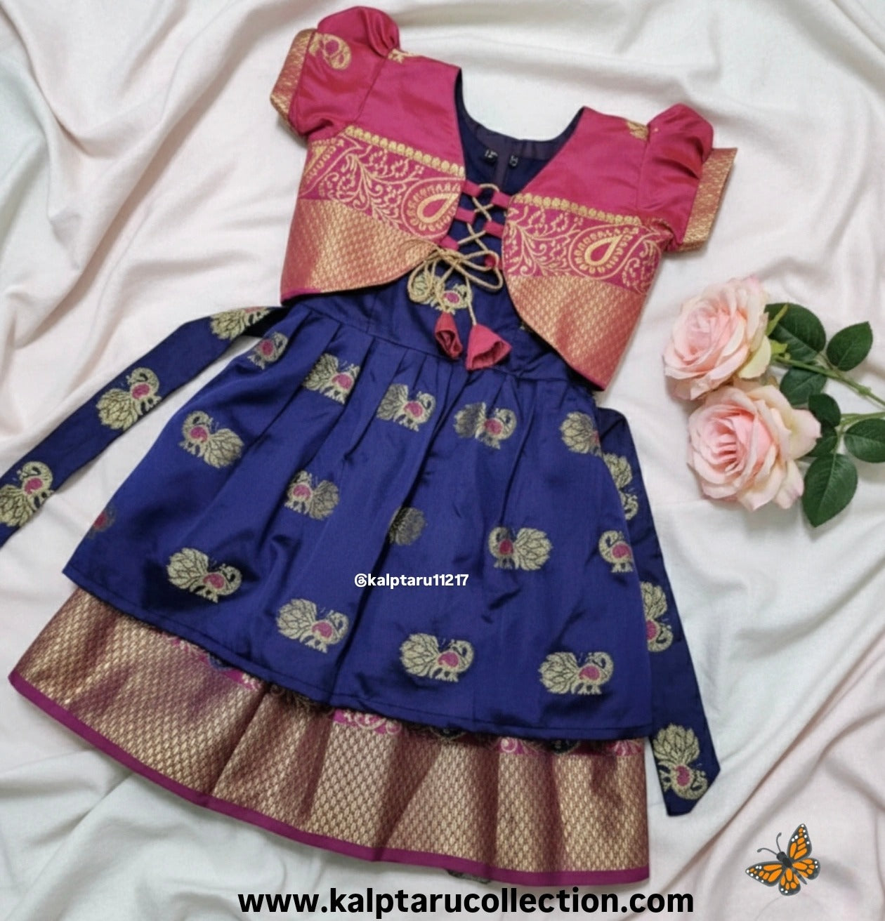 Kids ethnic wear navy skirt top with jacquard work for events | Kalptaru Collection