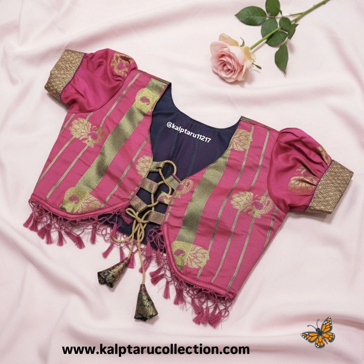 Navy blue silk skirt top for girls with traditional border design | Kalptaru Collection