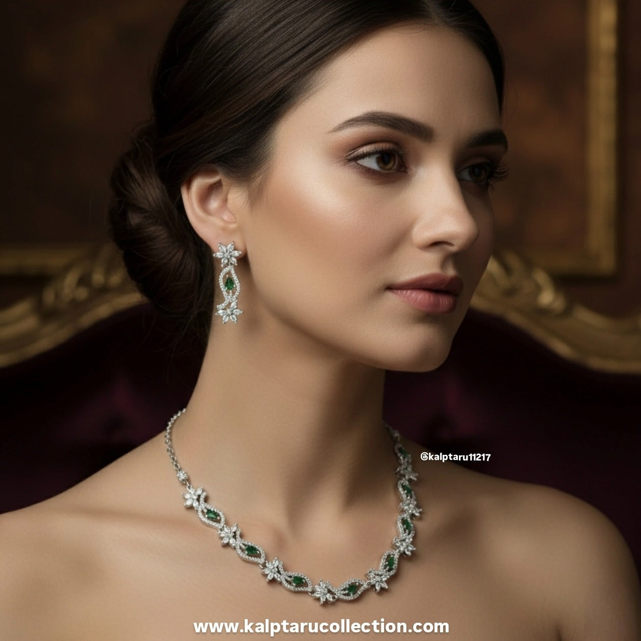 Kalptaru Collection diamond necklace set with green stones