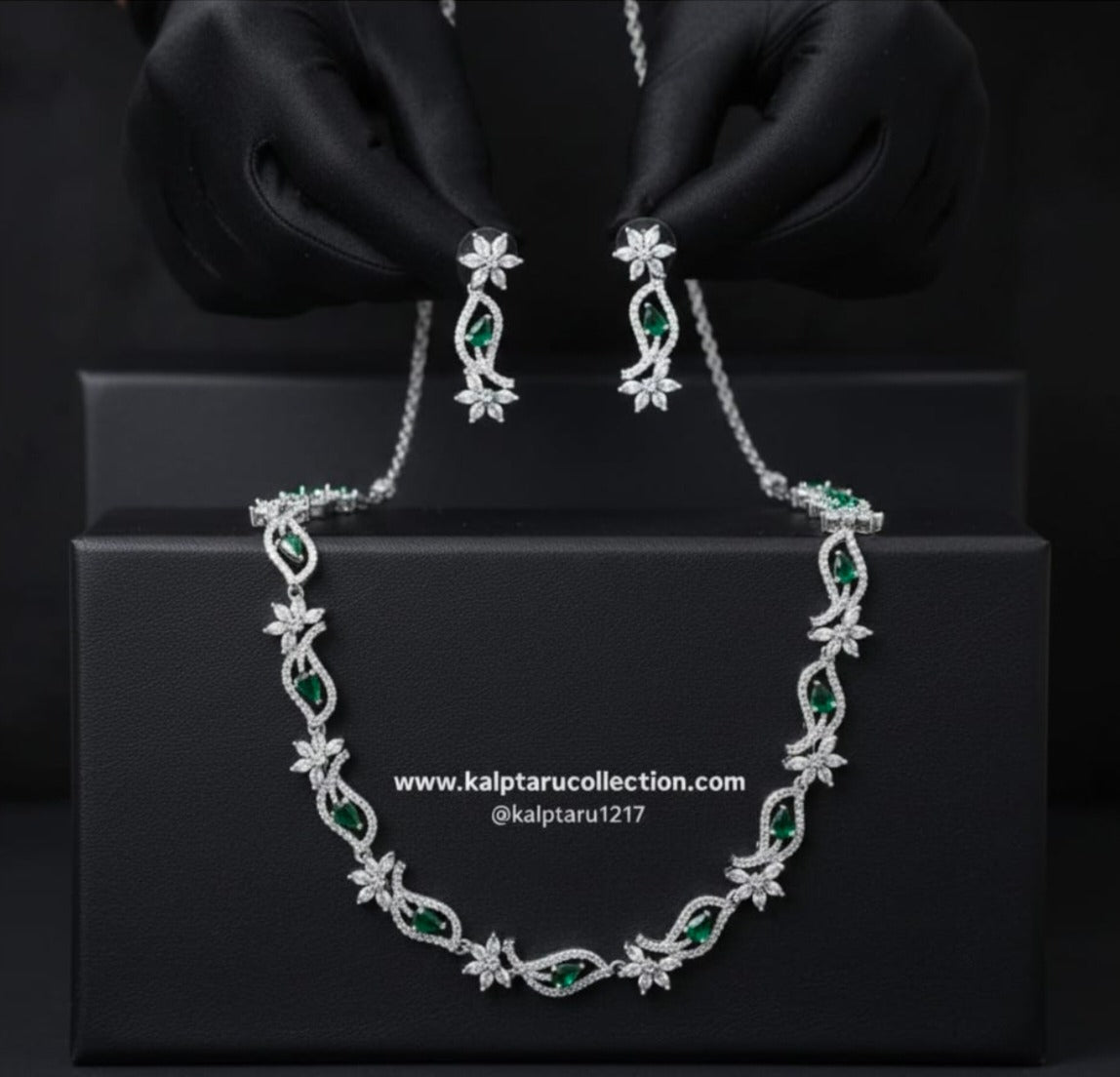 Kalptaru Collection Luxury Emerald Green and Cubic Zirconia Flower Necklace and Earring Set for Women-Girls