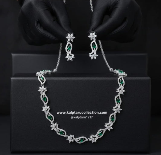 Kalptaru Collection Luxury Emerald Green and Cubic Zirconia Flower Necklace and Earring Set for Women-Girls