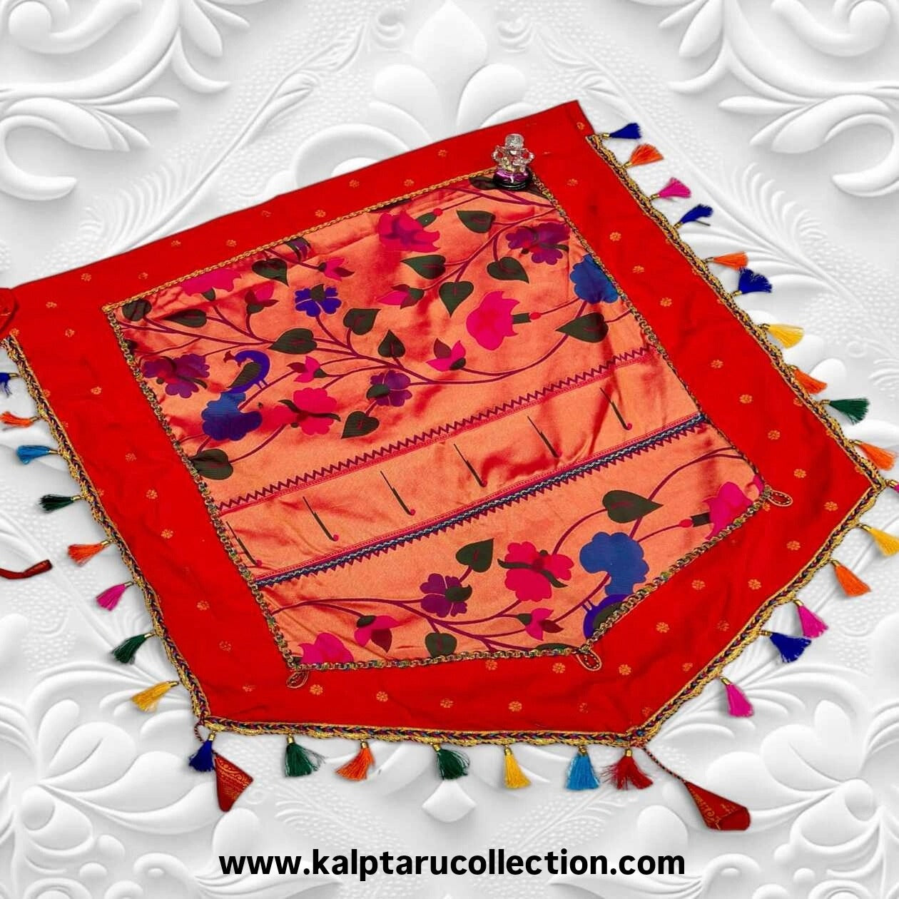 Red Paithani silk Ganesh festival home décor backdrop – Kalptaru Collection