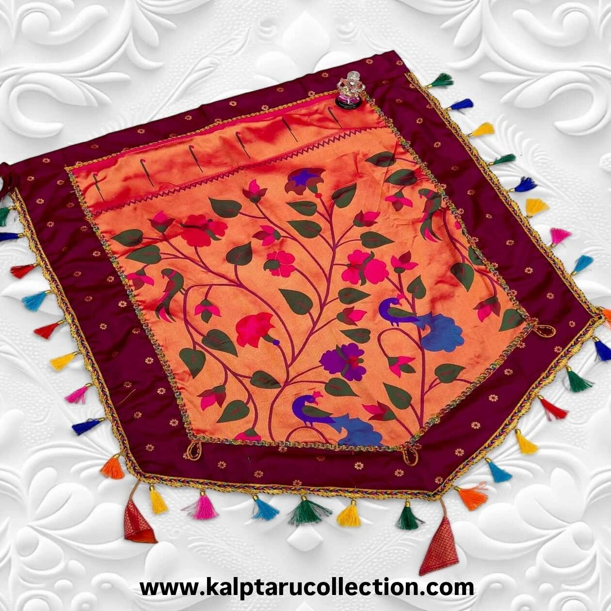 Ganesh festival maroon Paithani brocade silk backdrop – Kalptaru Collection