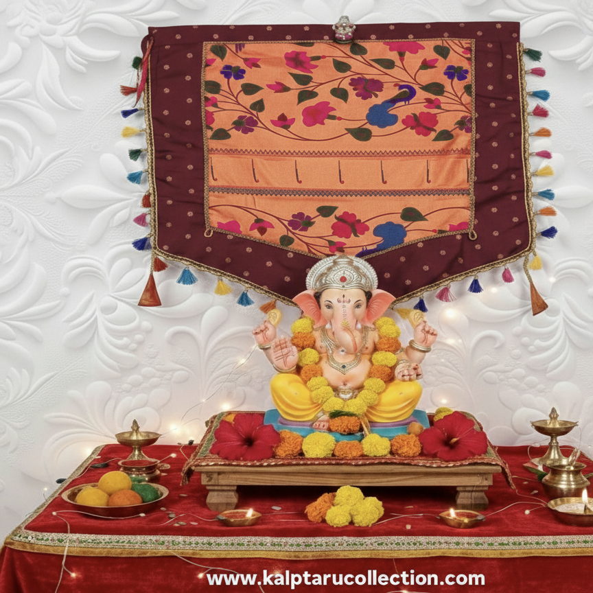 Maroon Paithani silk Ganesh Chaturthi backdrop – Kalptaru Collection