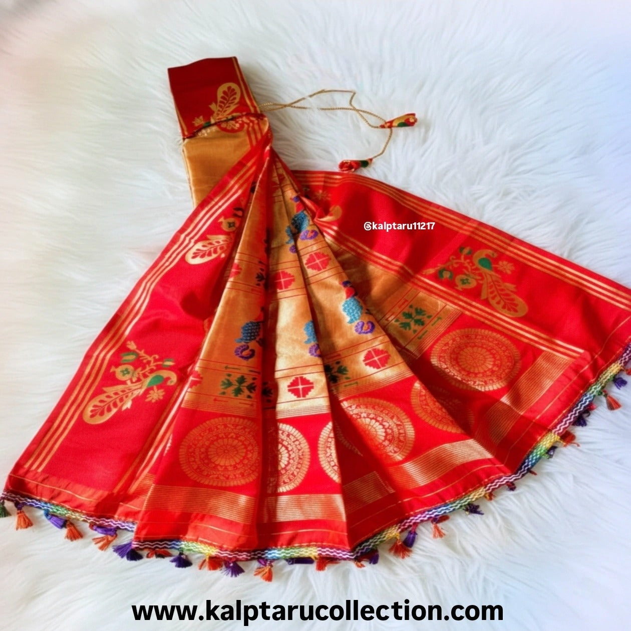 Readymade Red Paithani Gudhi Padwa Saree-Vastra cloth with colorful tassel and golden border by Kalptaru Colelction. 