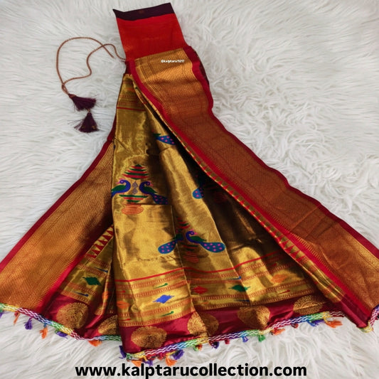 Kalptaru Collection red maroon brocade Gudhi Vastra for Gudhi Padwa.