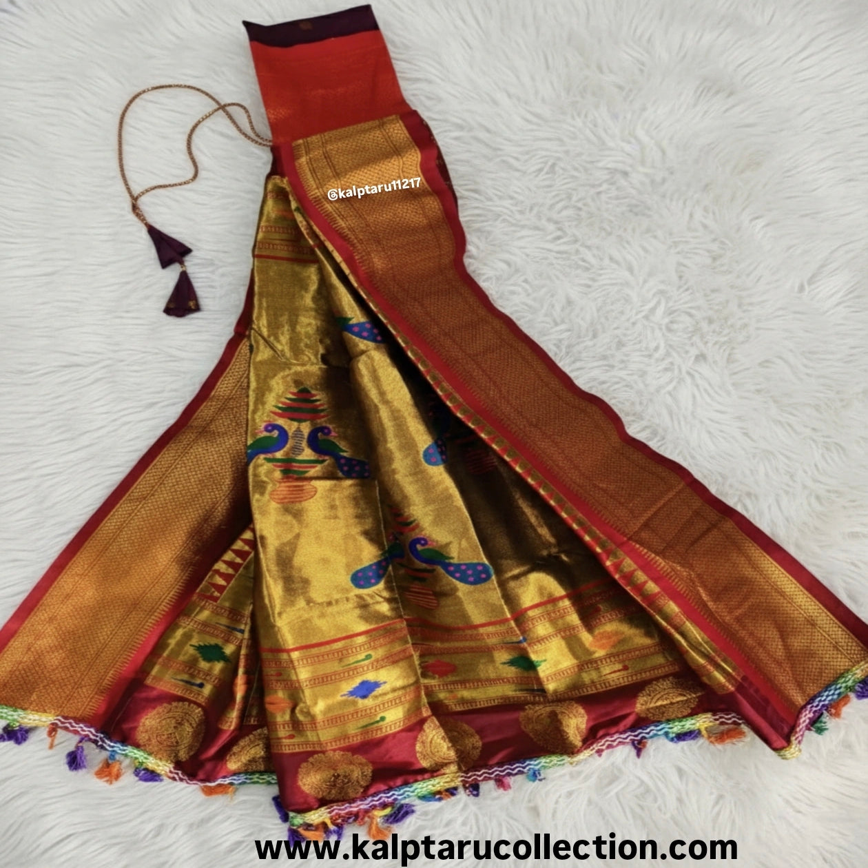 Traditional Maroon Silk Gudi Padwa Vastra-Saree Cloth with Golden Zari Border by Kalptaru Collection