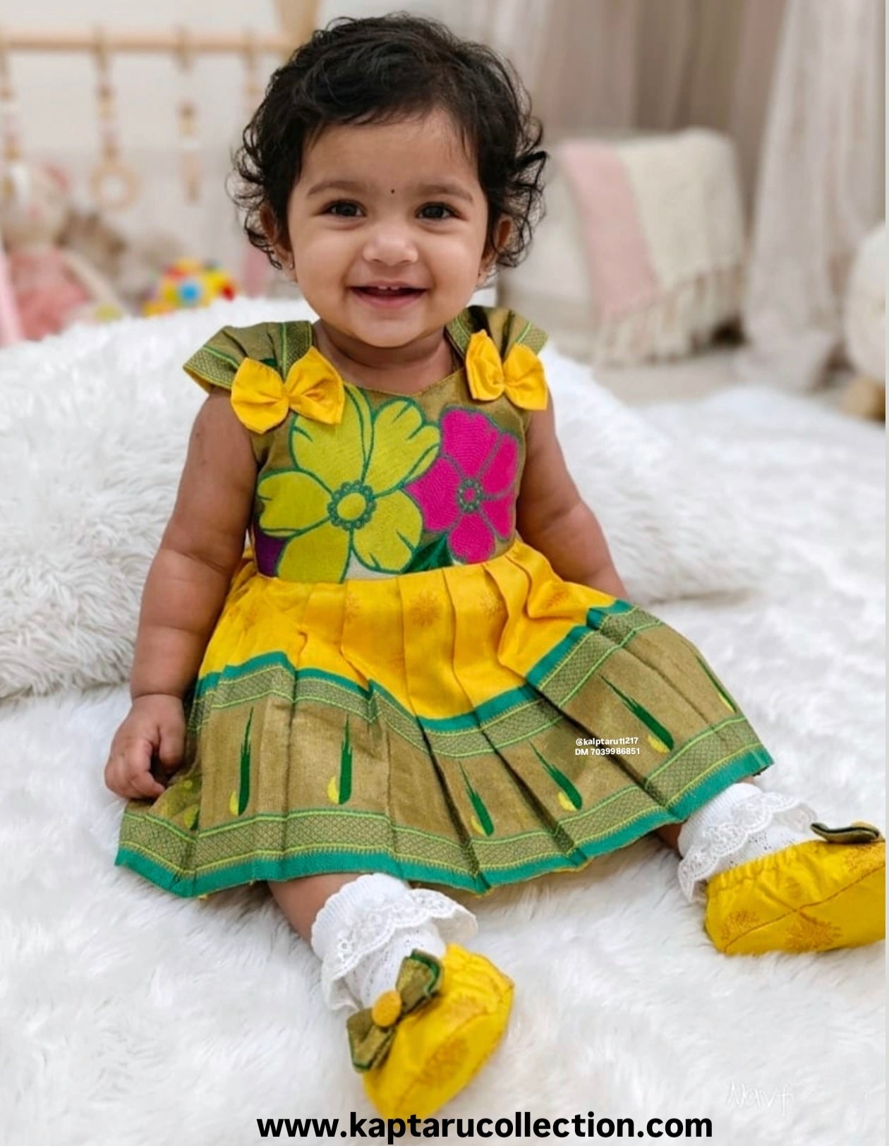 Shop online Baby girl naming ceremony traditional paithani frock-outfit-dress with accessories by Kalptaru Collectiom 