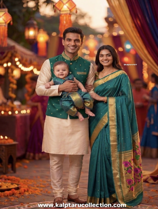 Paithani Naming Ceremony Family Combo Set Matching Outfits by Kalptaru Collection