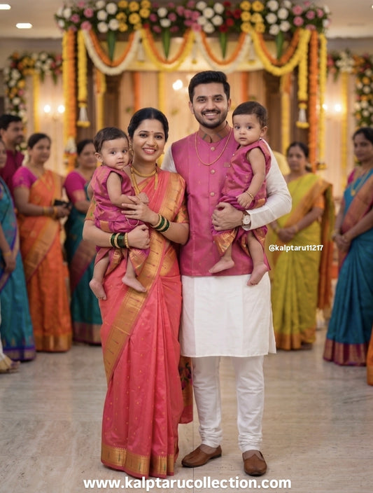 Paithani family combo set twin baby boys  for naming ceremony at kalptaru collection