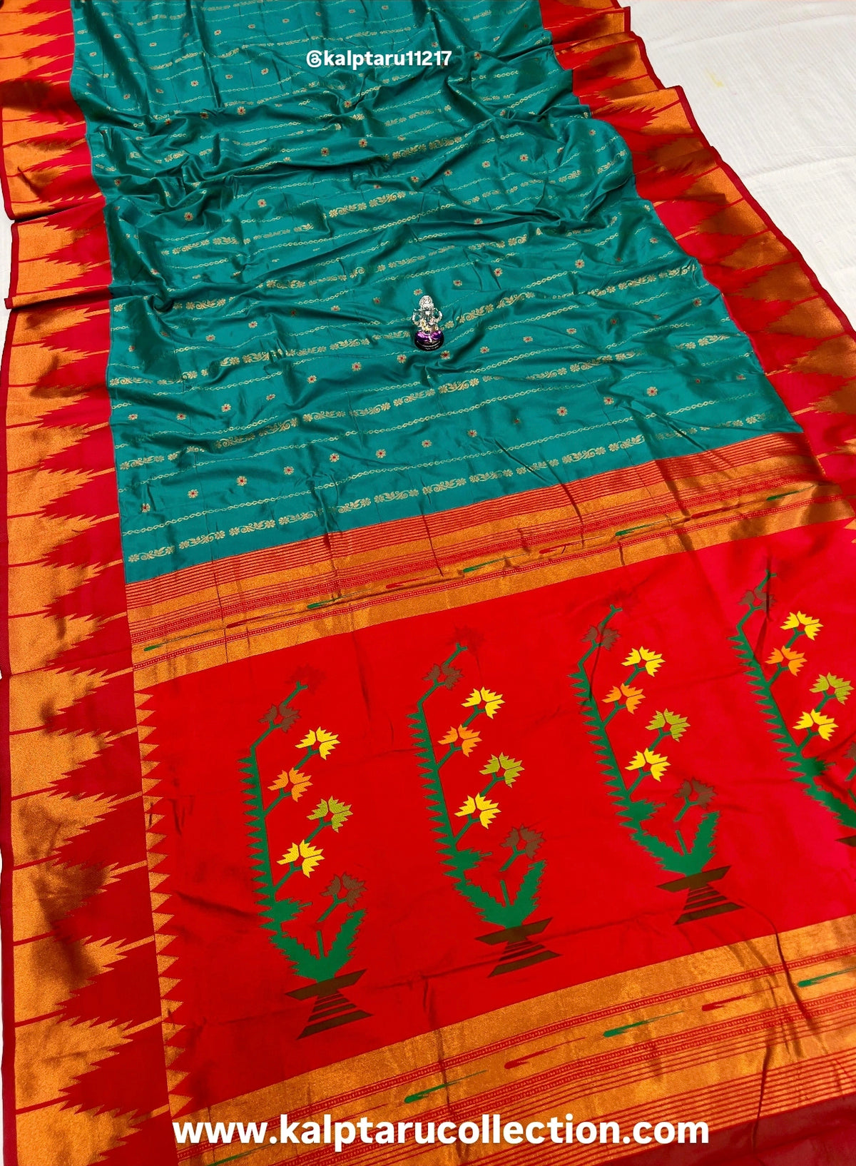Peacock-Green-Red Temple Irkal Paithani Saree For Women By Kalptaru Collection