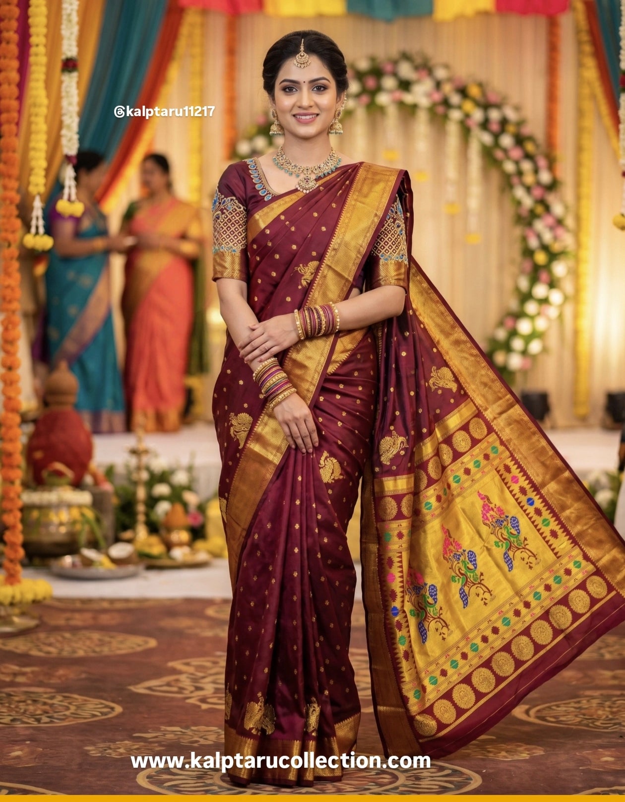 Traditional Paithani Family Combo set-Maroon Saree Matching Dress For naming ceremony-festival-function by Kalptaru Collection