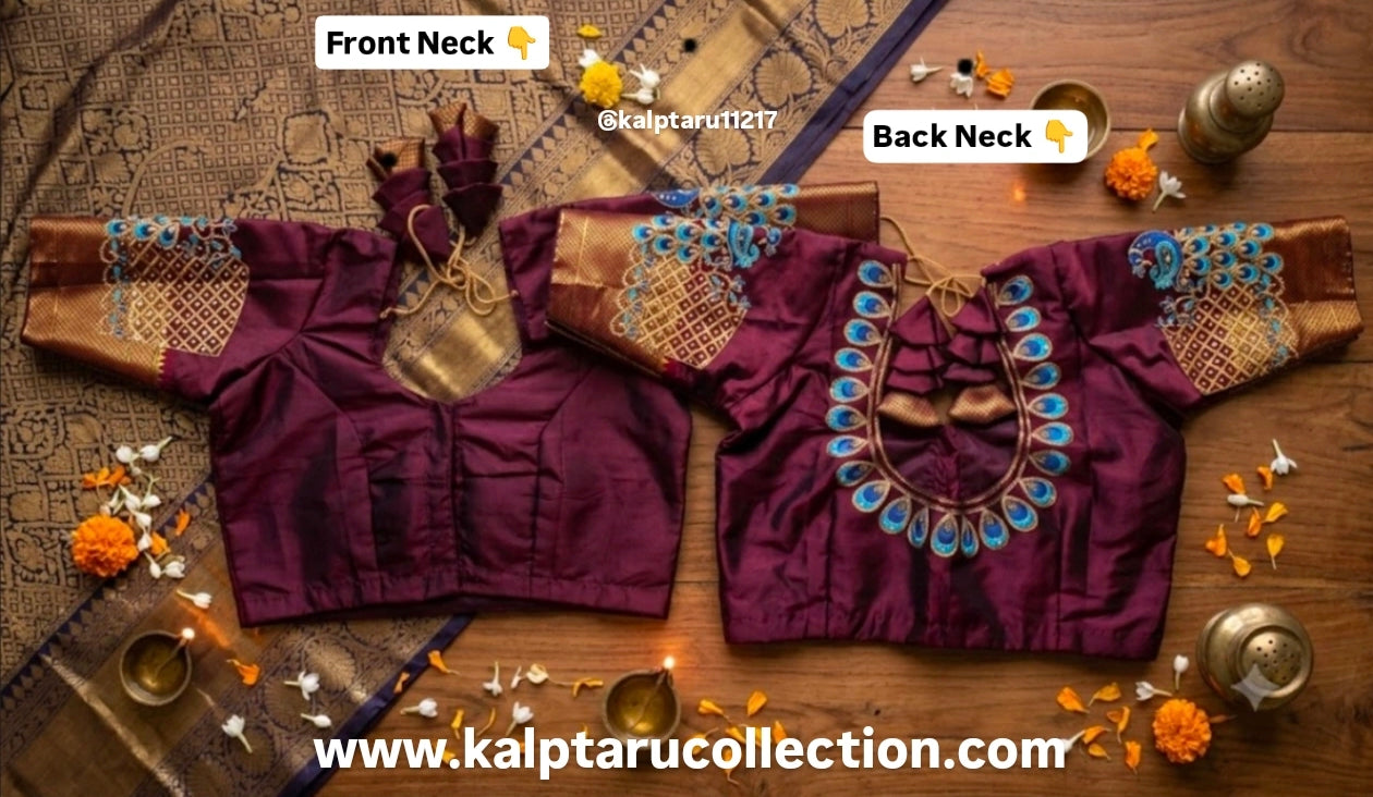 Traditional Paithani Family Combo set-Maroon Saree with custom stitched Aari Work blouse For naming ceremony-festival-function by Kalptaru Collection