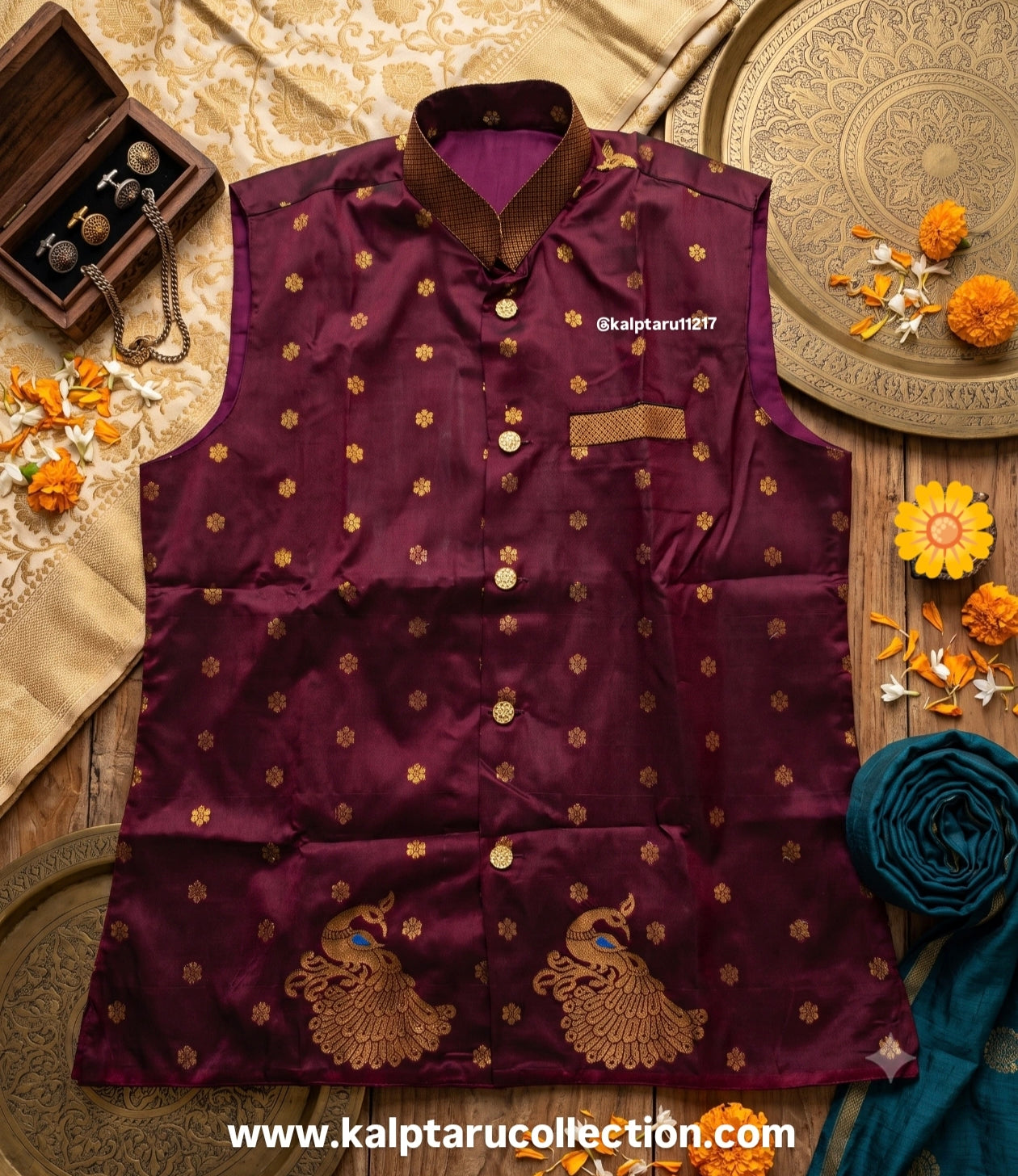 Custom Paithani Traditional Family Combo Set-Matching Dress-Man-Jacket for Festive-Function by Kalptaru Collection