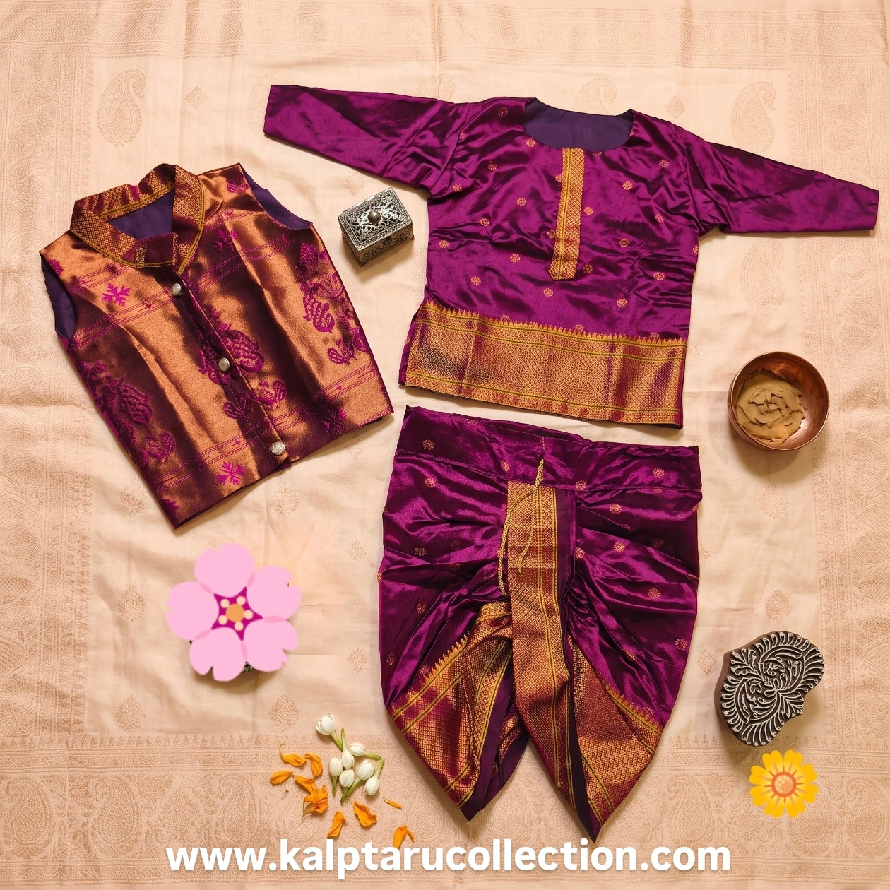 Buy Online Custom Paithani Family Combo-Dress Set | Baby Boy-Jacket-Dhoti-Kurta | Kalptaru Collection