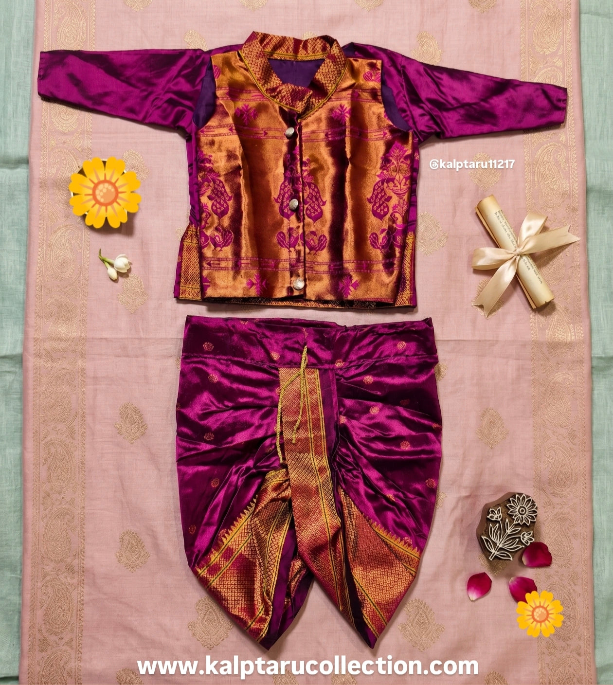 Buy Online Paithani Family Combo-Dress Set | Baby Boy-Jacket-Dhoti-Kurta | Kalptaru Collection