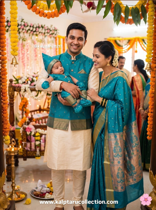 Buy Paithani family matching combo set online at Kalptaru Collection with teal saree and matching outfits.