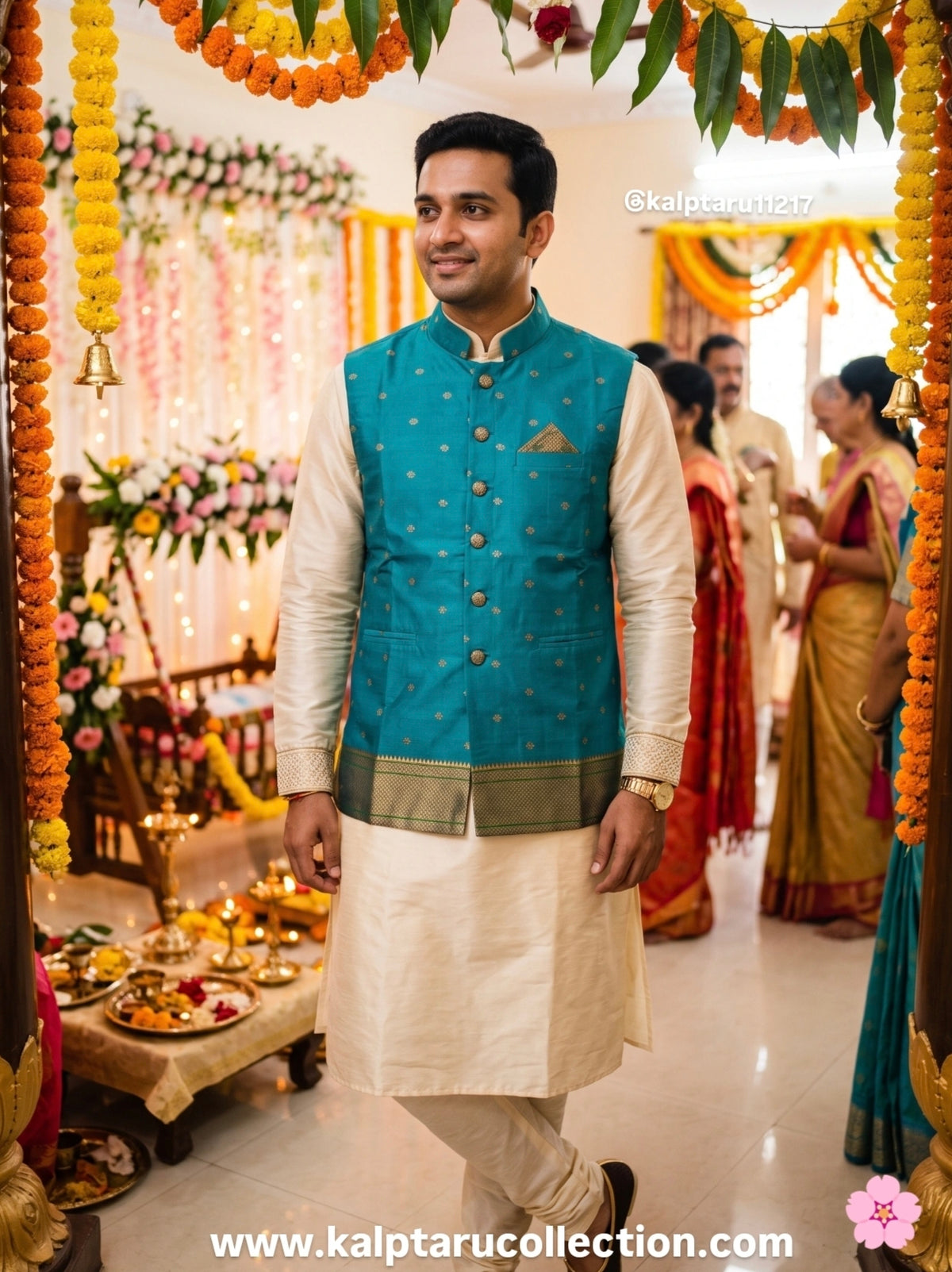 Buy customised Paithani family combo set online with matching saree, men's jacket and baby outfit.