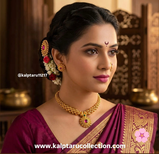 Maharashtrian Thushi choker necklace paired with a saree for weddings and traditional functions by Kalptaru Collection 